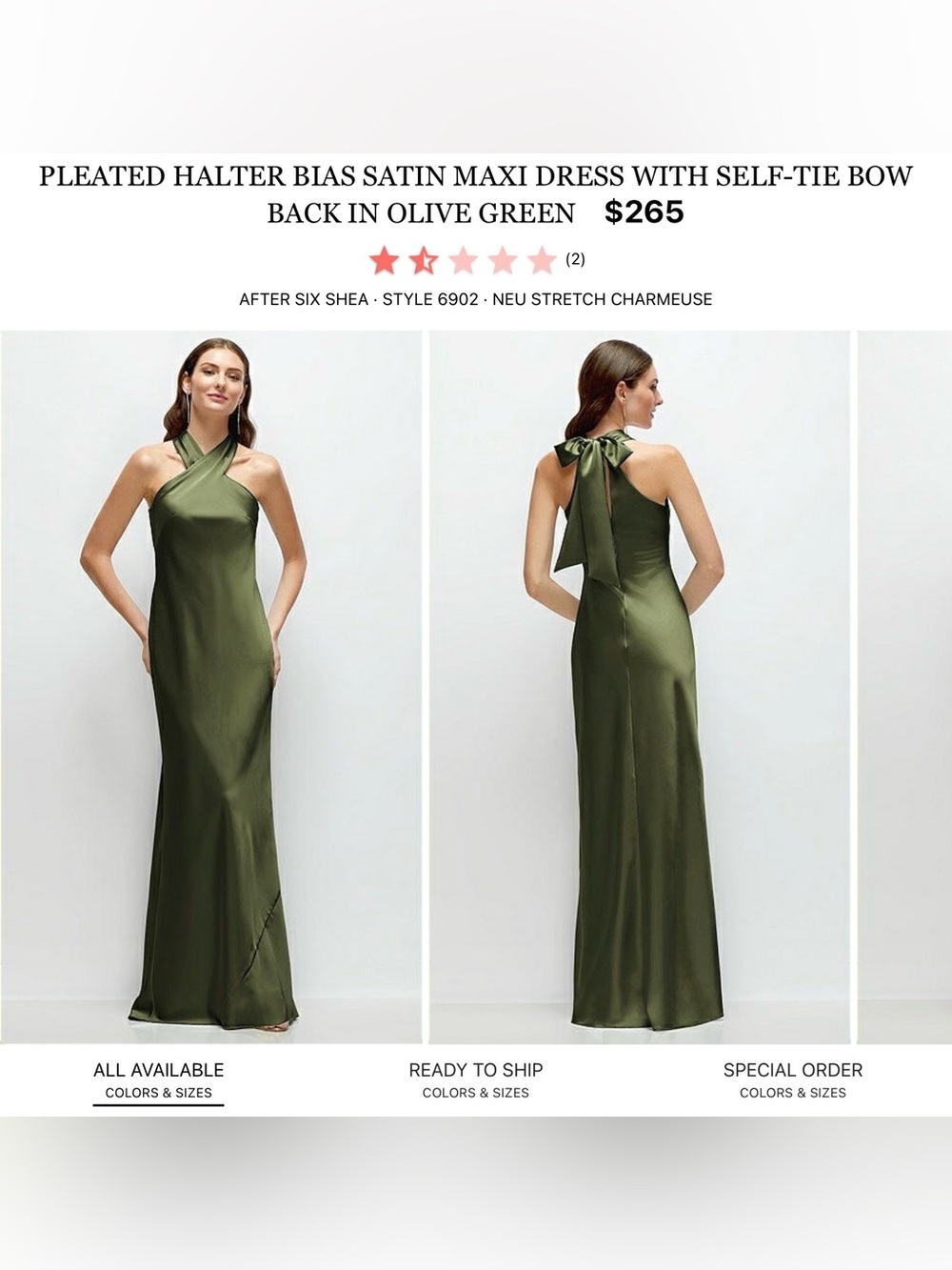 After Six Olive Green Halter Satin Maxi Gown with Back Tie
